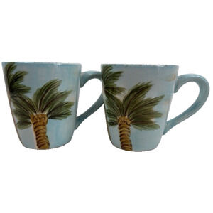 Tabletops Gallery Baja Palm Cup Mug set of 2 Blue hand painted Tropical Tree
